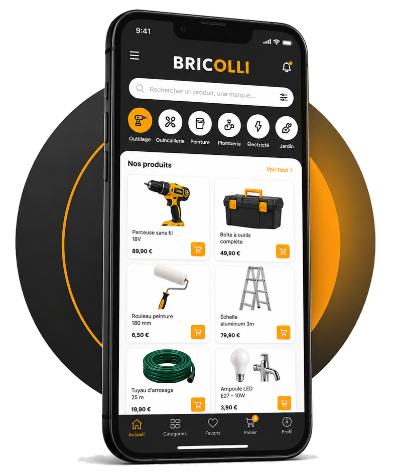 Application mobile BRICOLLI avec logo et produits de bricolage